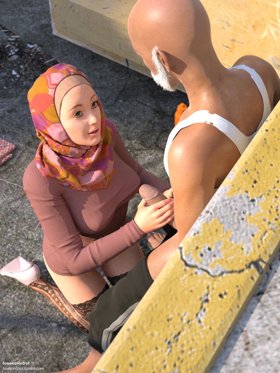 Arabian looking girl gives blowjob to an old homeless man in back alley 3D Porn Comic