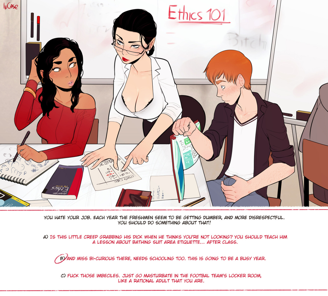 School ethics where teacher is a horny shemale and loves to fuck students Porn Comic